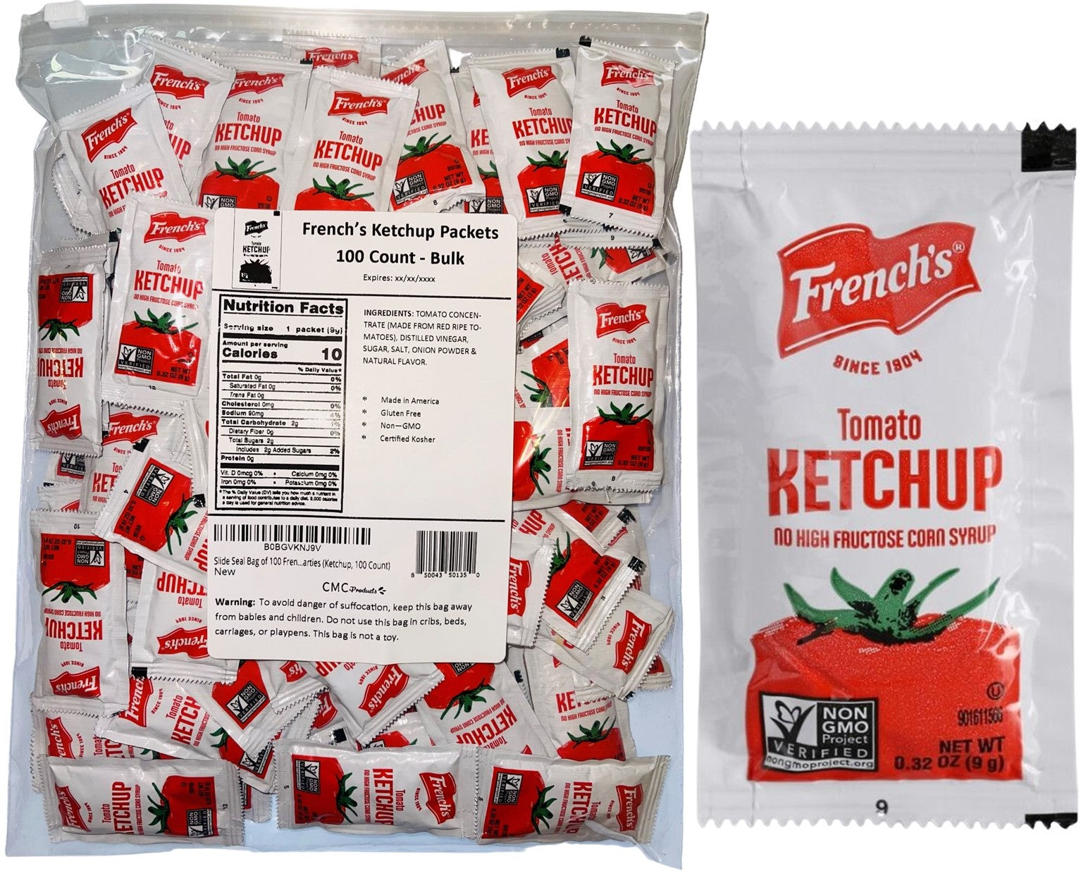 25, 50, & 100 Packs of French's Ketchup Packets - Ketchup Condiment Packs, Bundled in LK Plastic Slide Seal Food Storage Bag Packaged by CMC Products