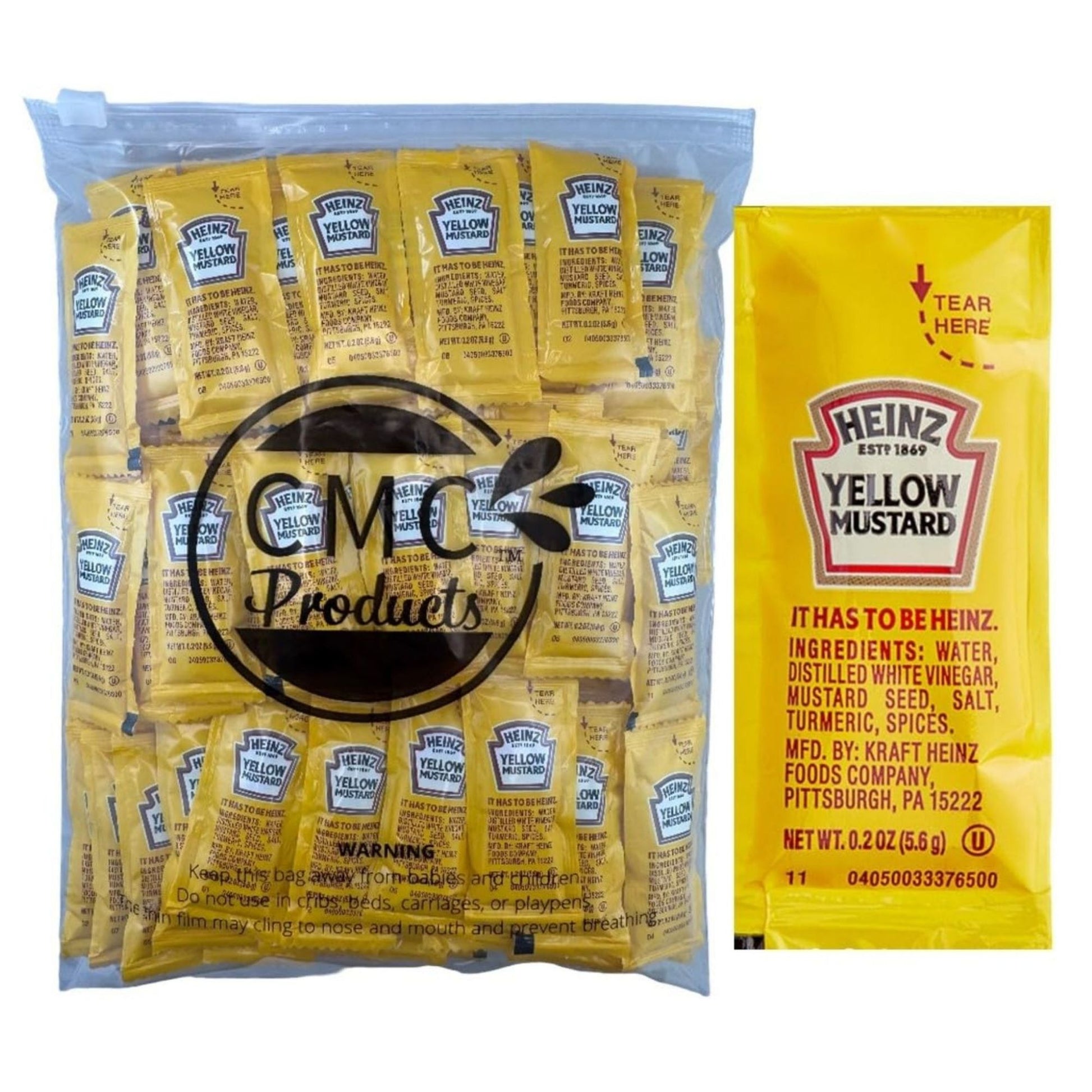 25, 50, 100, & 250 Count Yellow Mustard Packets (5.6g Each) with Spreader in Resealable Slide Seal Bag
