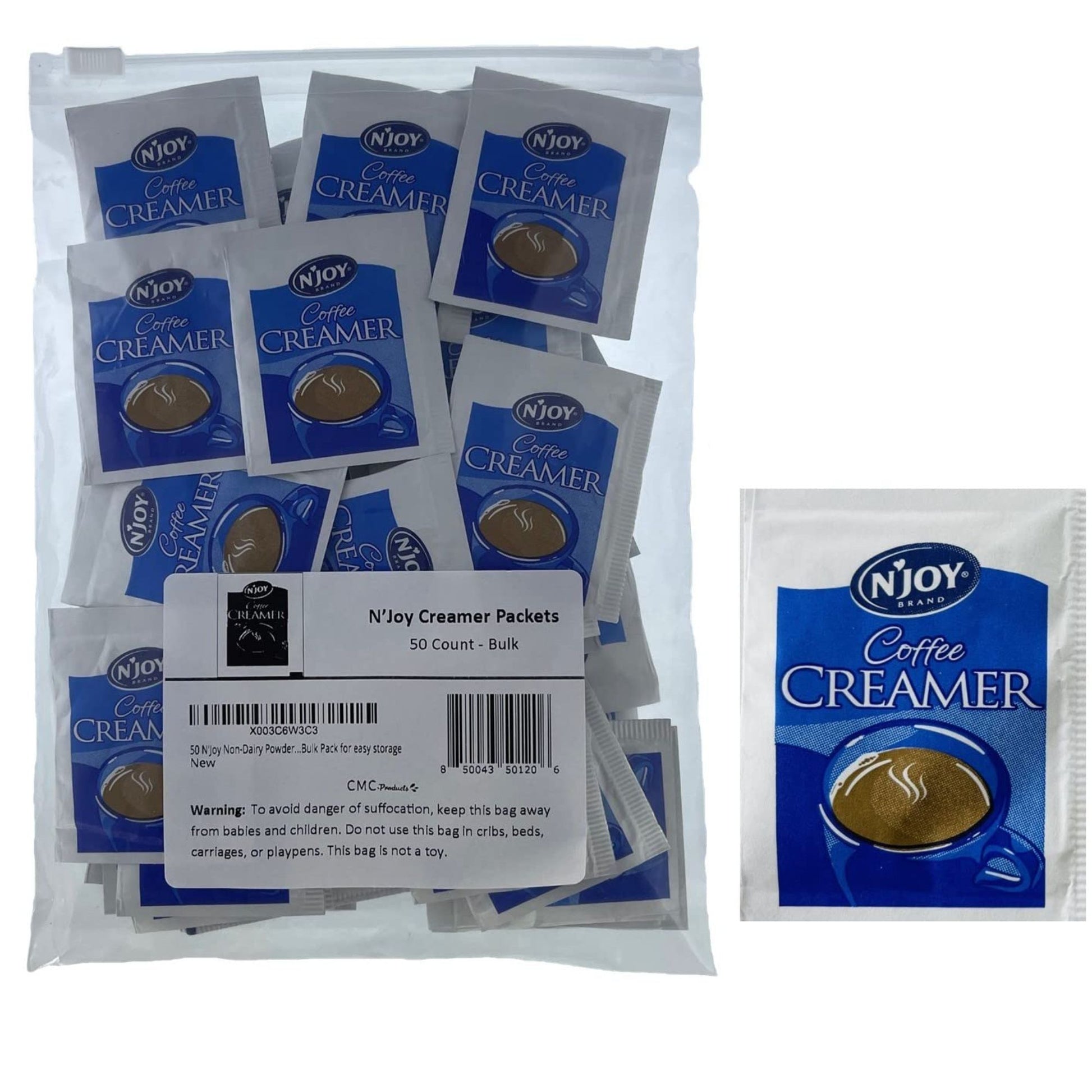 50, 100 & 250 Packs of N'Joy Non-Dairy Powdered Creamer Packets in Slide Seal Bag Plastic Food Bag Bulk Pack for easy storage