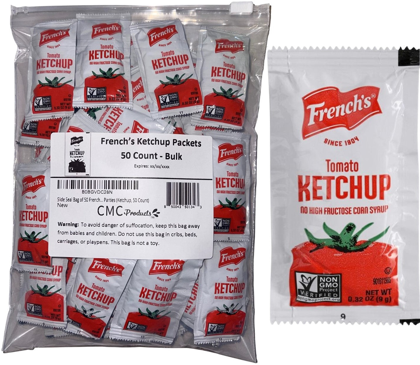 25, 50, & 100 Packs of French's Ketchup Packets - Ketchup Condiment Packs, Bundled in LK Plastic Slide Seal Food Storage Bag Packaged by CMC Products