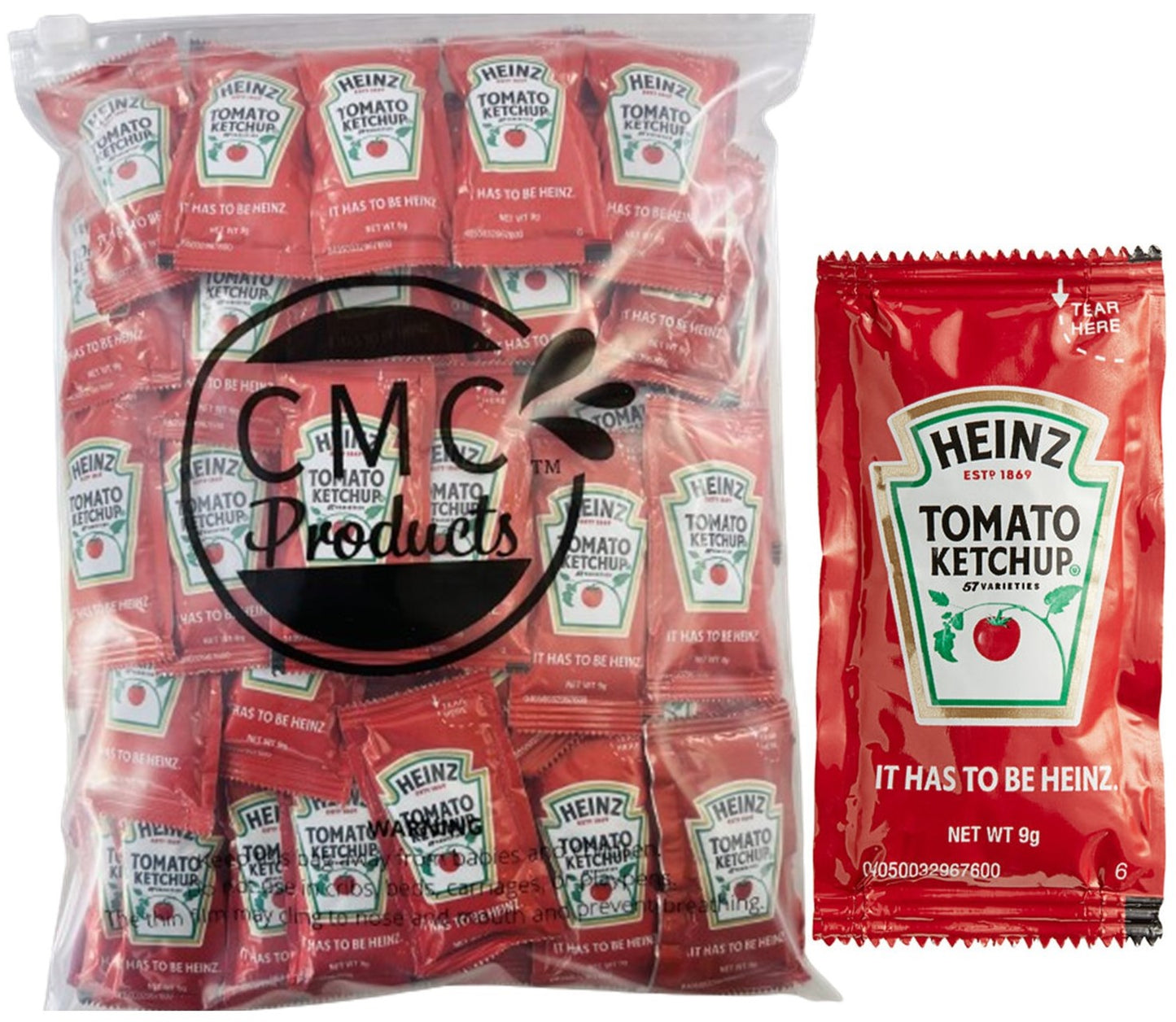 25, 50 & 100 Packs of Heinz 9g Ketchup Condiment Packets - Ketchup w/ Plastic Food Bag & Slide Seal