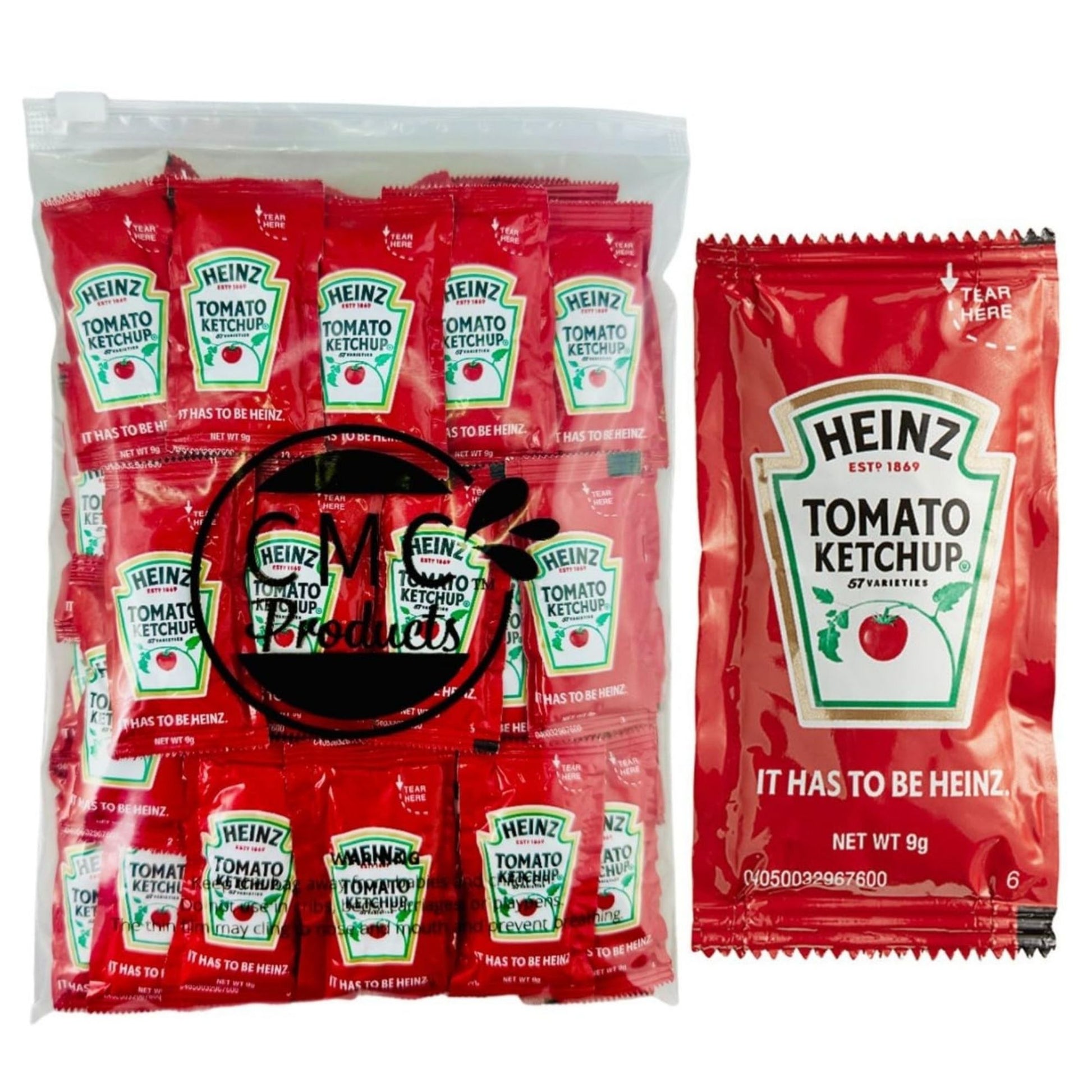25, 50 & 100 Packs of Heinz 9g Ketchup Condiment Packets - Ketchup w/ Plastic Food Bag & Slide Seal