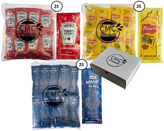 Heinz Ketchup, French's Mustard, & Kraft Real Mayo - Condiment Packets in CMC Products Food Safe Bags and storage box, Bundle packaged by CMC Products