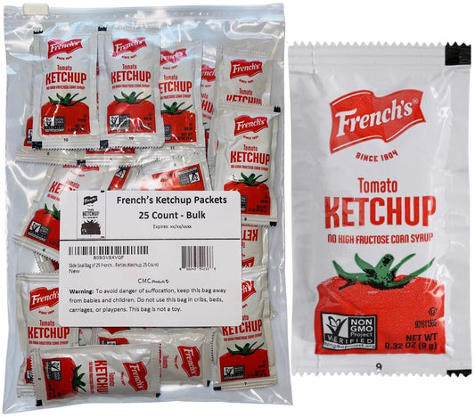 25, 50, & 100 Packs of French's Ketchup Packets - Ketchup Condiment Packs, Bundled in LK Plastic Slide Seal Food Storage Bag Packaged by CMC Products