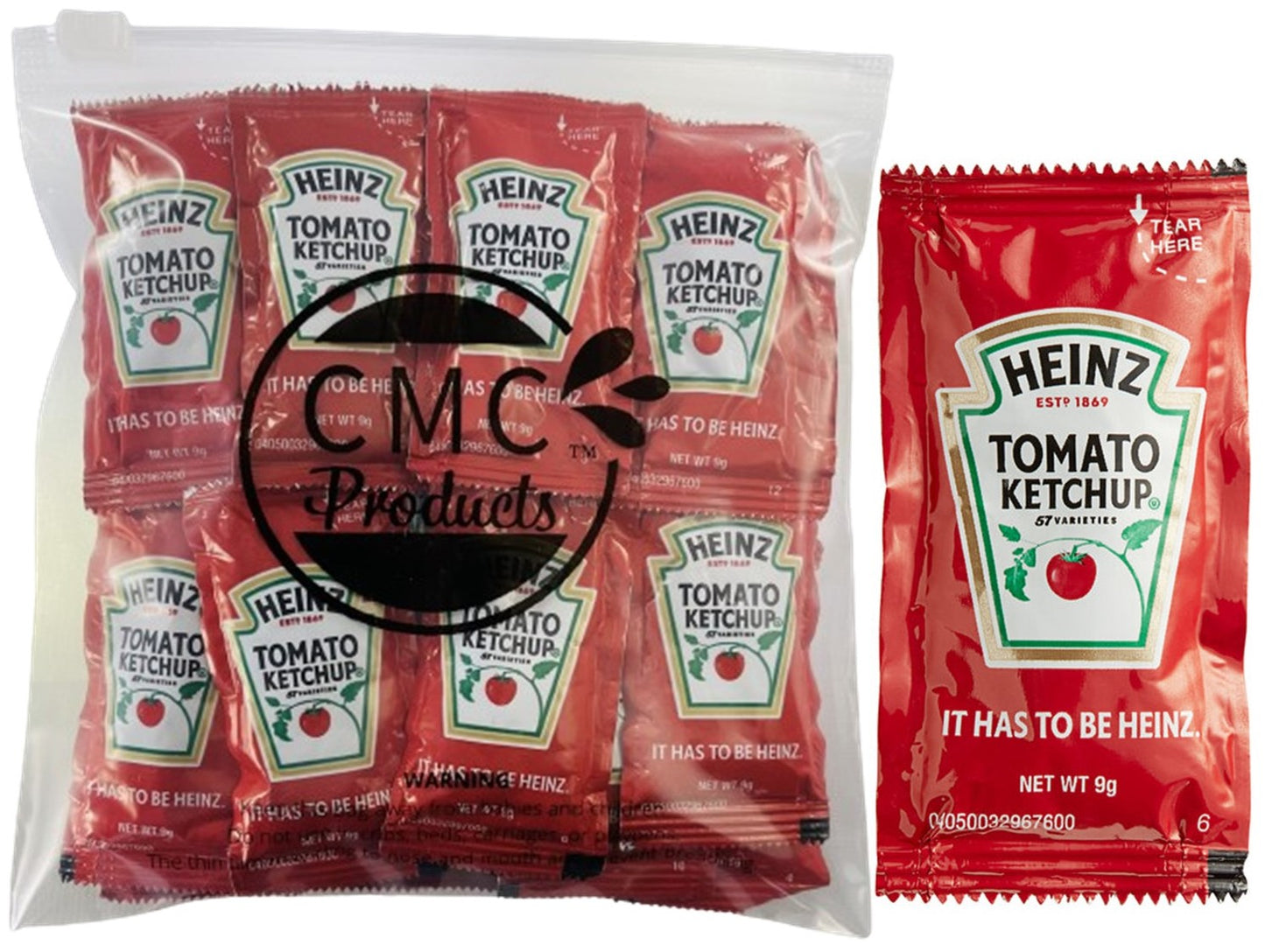 25, 50 & 100 Packs of Heinz 9g Ketchup Condiment Packets - Ketchup w/ Plastic Food Bag & Slide Seal