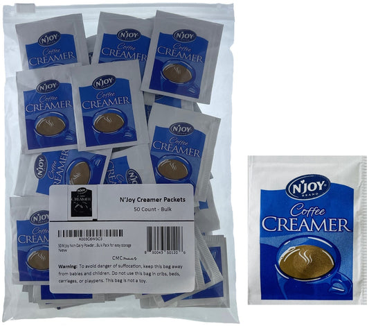 50, 100 & 250 Packs of N'Joy Non-Dairy Powdered Creamer Packets in Slide Seal Bag Plastic Food Bag Bulk Pack for easy storage