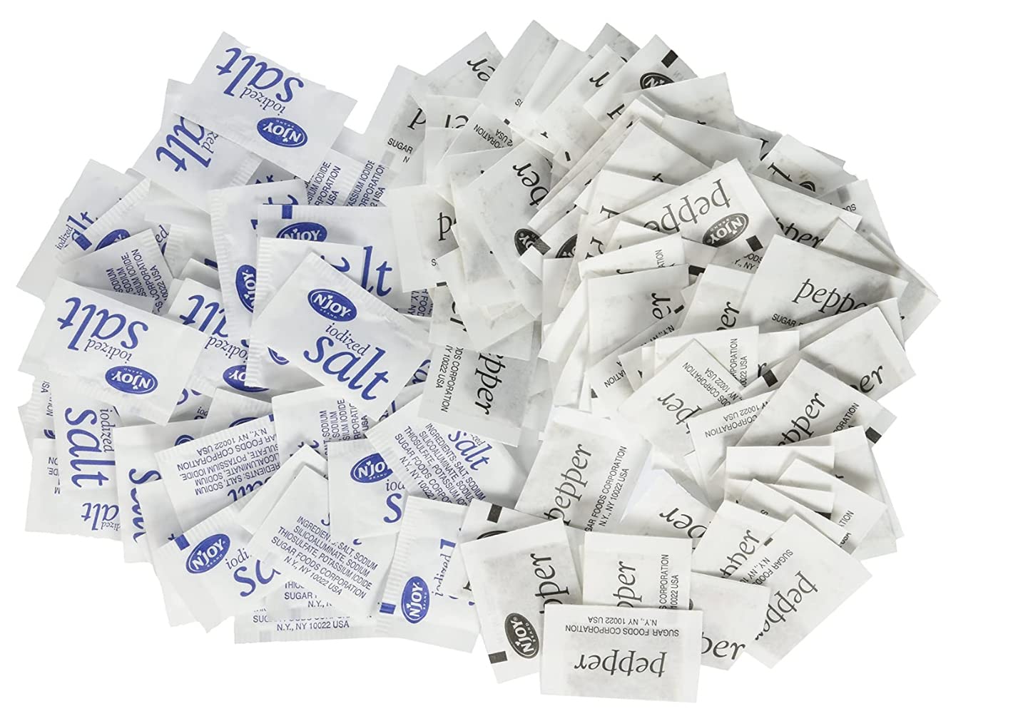 N'JOY Iodized Salt & Pepper- Salt 1,200 count & Pepper 800 Individual Packets with CMC Products Bag Clip