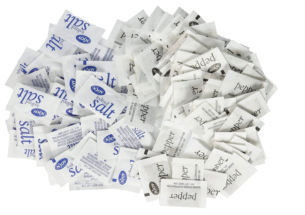 N'JOY Iodized Salt & Pepper- Salt 1,200 count & Pepper 800 Individual Packets with CMC Products Bag Clip