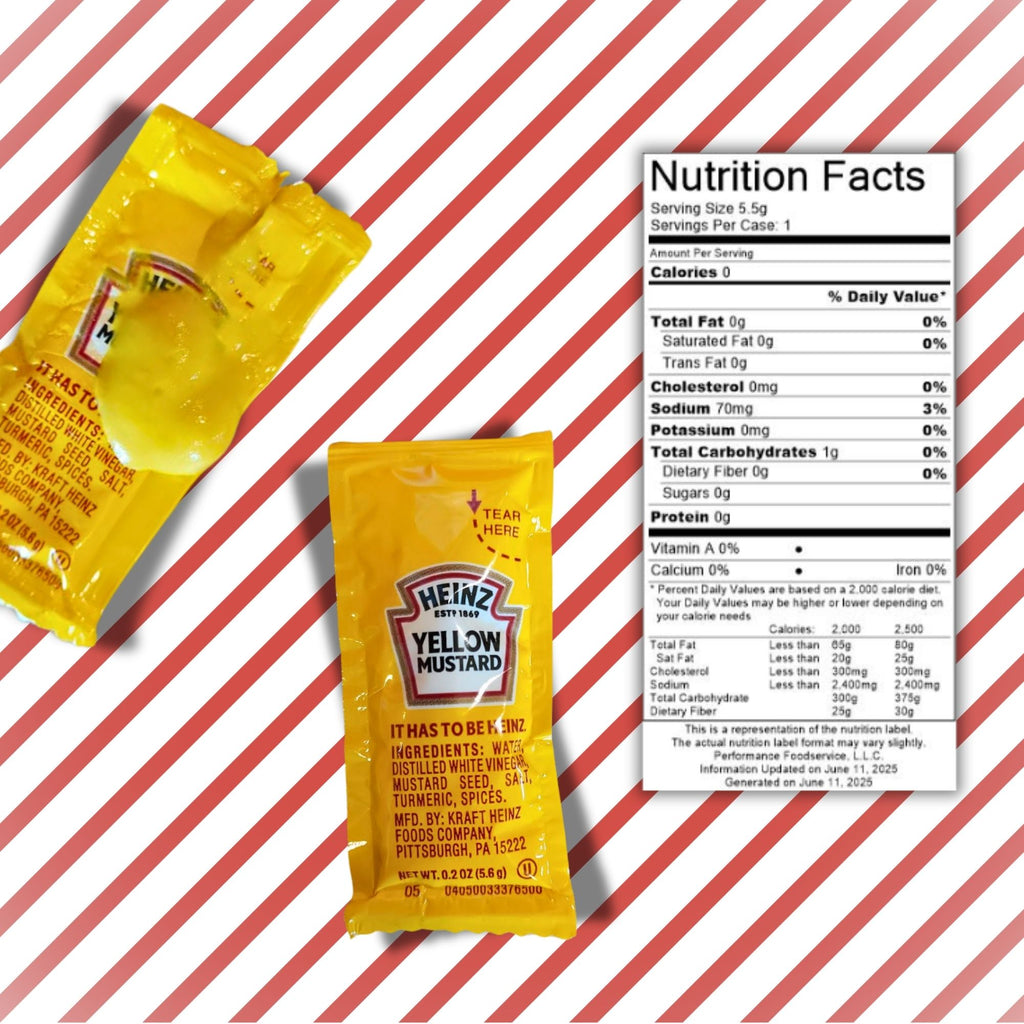 25, 50, 100, & 250 Count Yellow Mustard Packets (5.6g Each) with Spreader in Resealable Slide Seal Bag