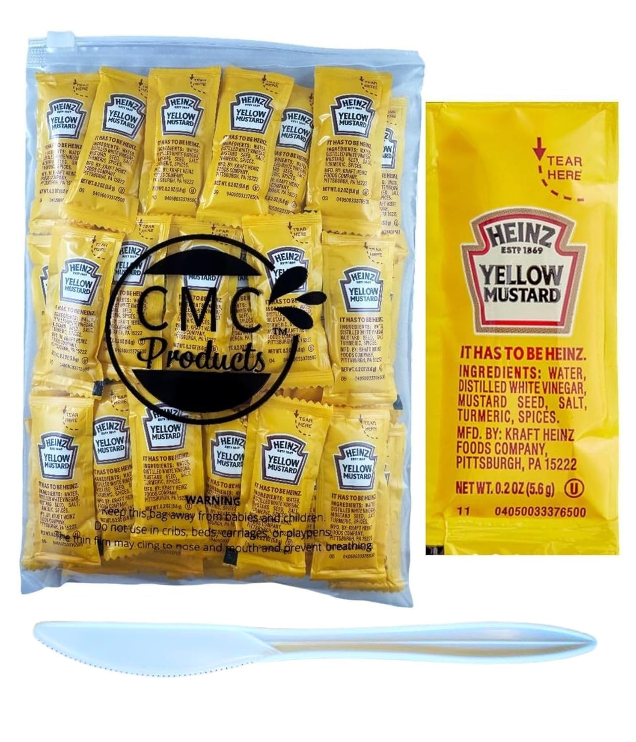 25, 50, 100, & 250 Count Yellow Mustard Packets (5.6g Each) with Spreader in Resealable Slide Seal Bag