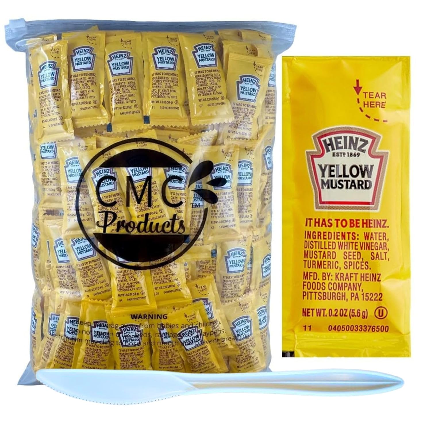 25, 50, 100, & 250 Count Yellow Mustard Packets (5.6g Each) with Spreader in Resealable Slide Seal Bag