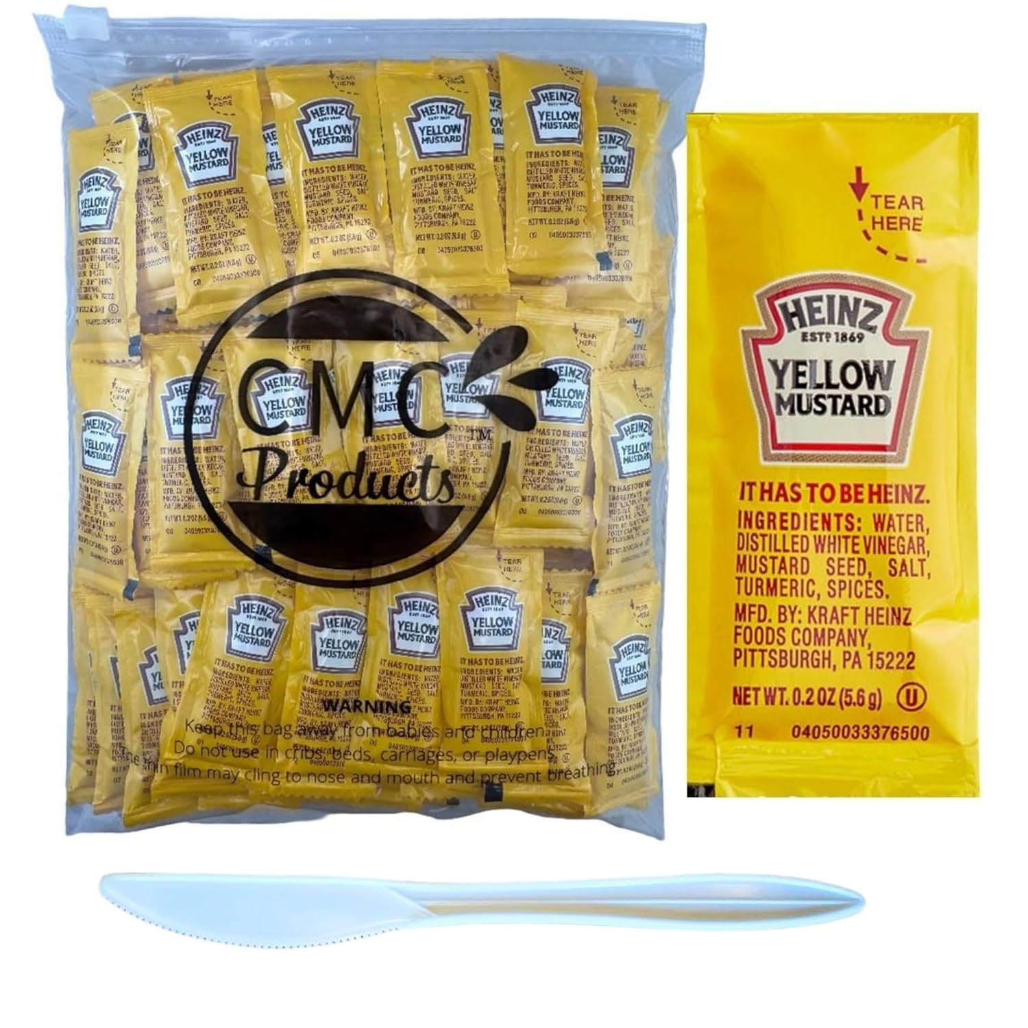 25, 50, 100, & 250 Count Yellow Mustard Packets (5.6g Each) with Spreader in Resealable Slide Seal Bag