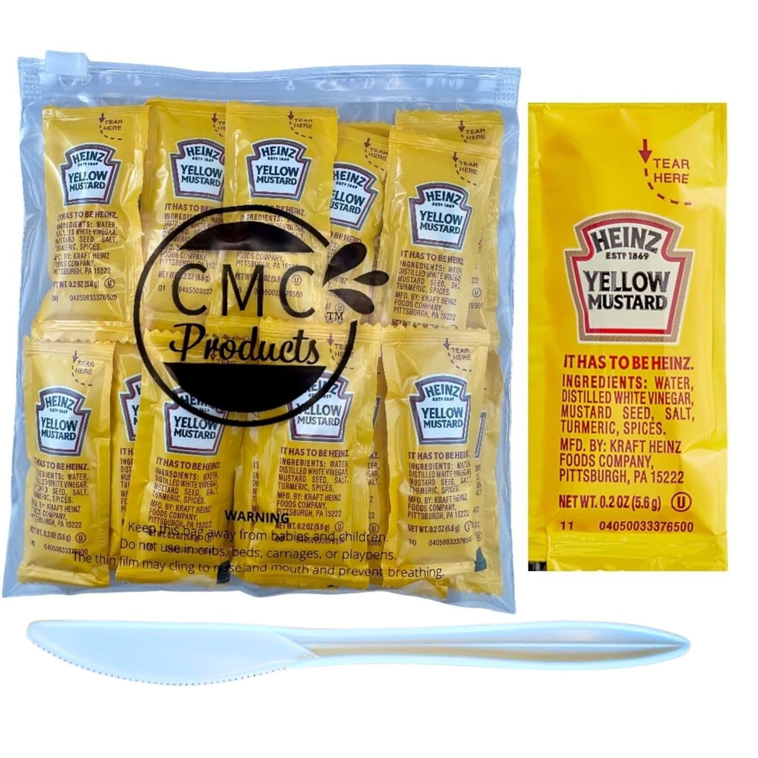 25, 50, 100, & 250 Count Yellow Mustard Packets (5.6g Each) with Spreader in Resealable Slide Seal Bag
