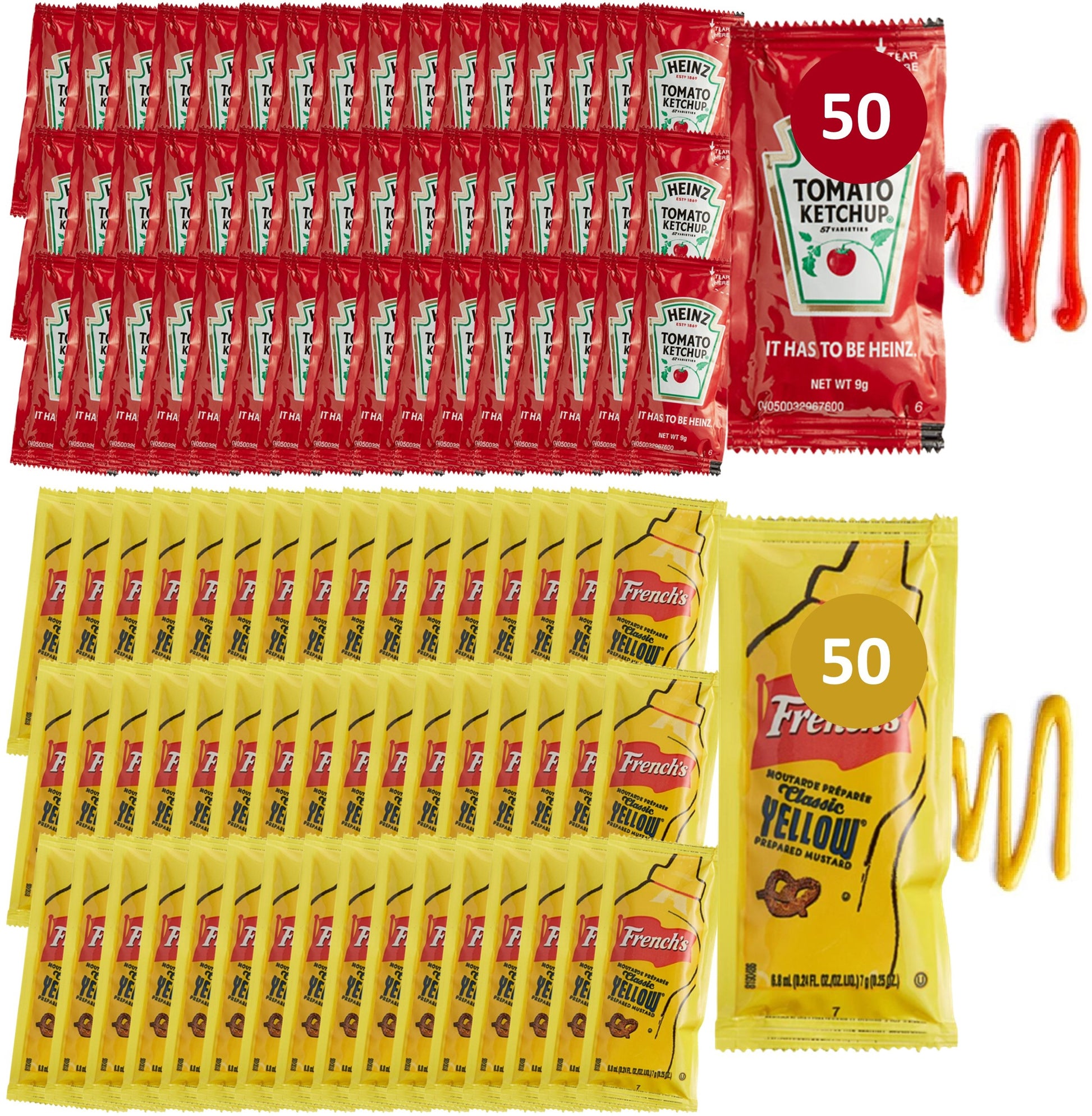 Heinz 9g Ketchup Packets & French’s Mustard Packets – with CMC Products Bag Clip - Packaged by CMC Products