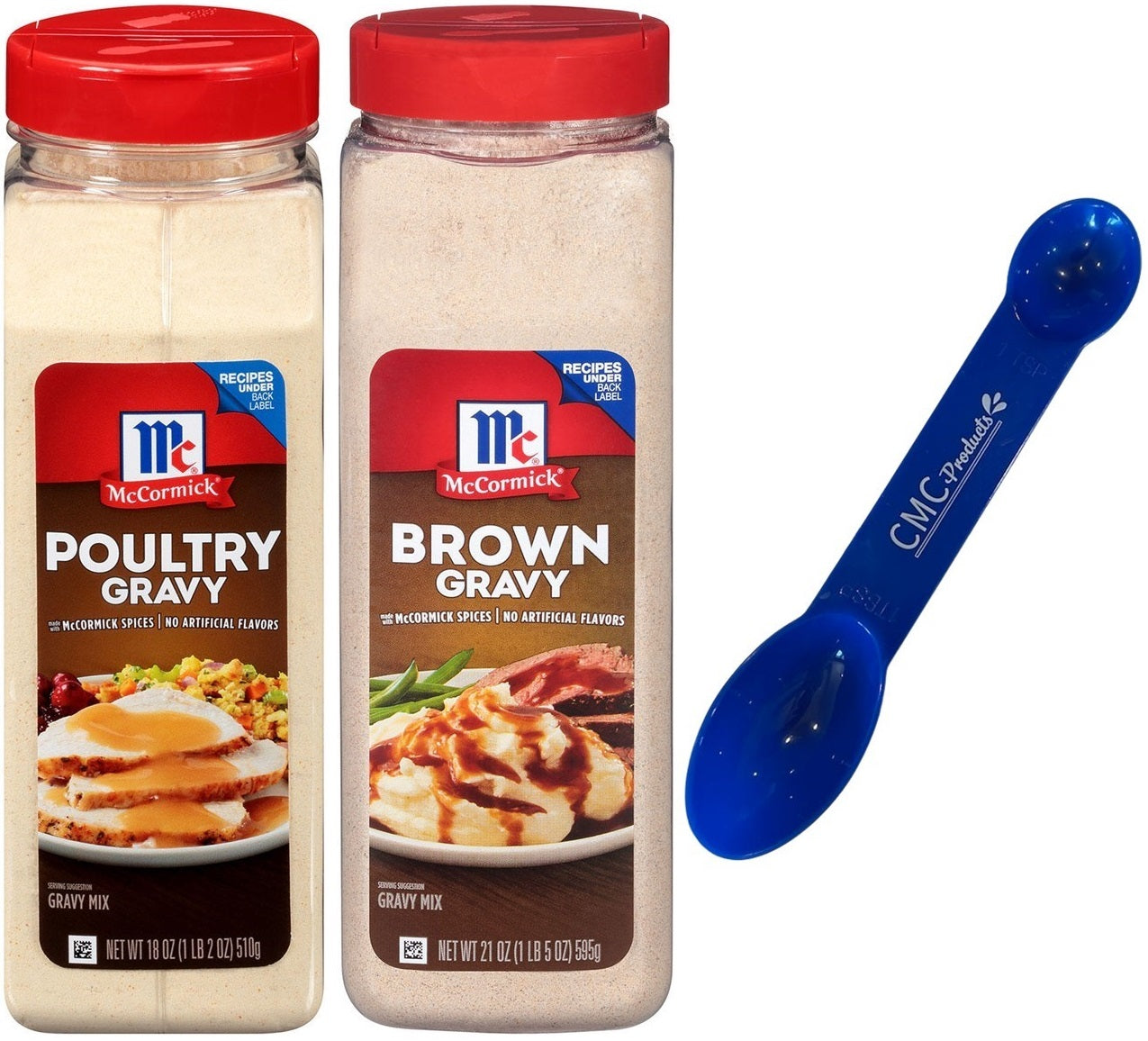 McCormick Gravy Mix - McCormick Brown Gravy, 21 Ounce and Poultry Gravy 18 Ounce w/Custom CMC Measuring Spoon 1tbsp & 1tsp