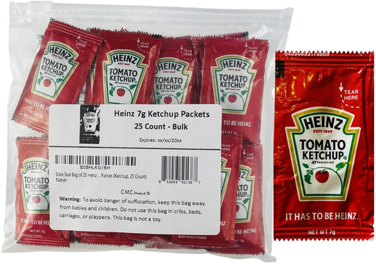 25 & 50 Packs of Heinz 7g Ketchup Packets - Ketchup Condiment Packs Bundled in LK Plastic Slide Seal Food Storage Bag Packaged by CMC Products