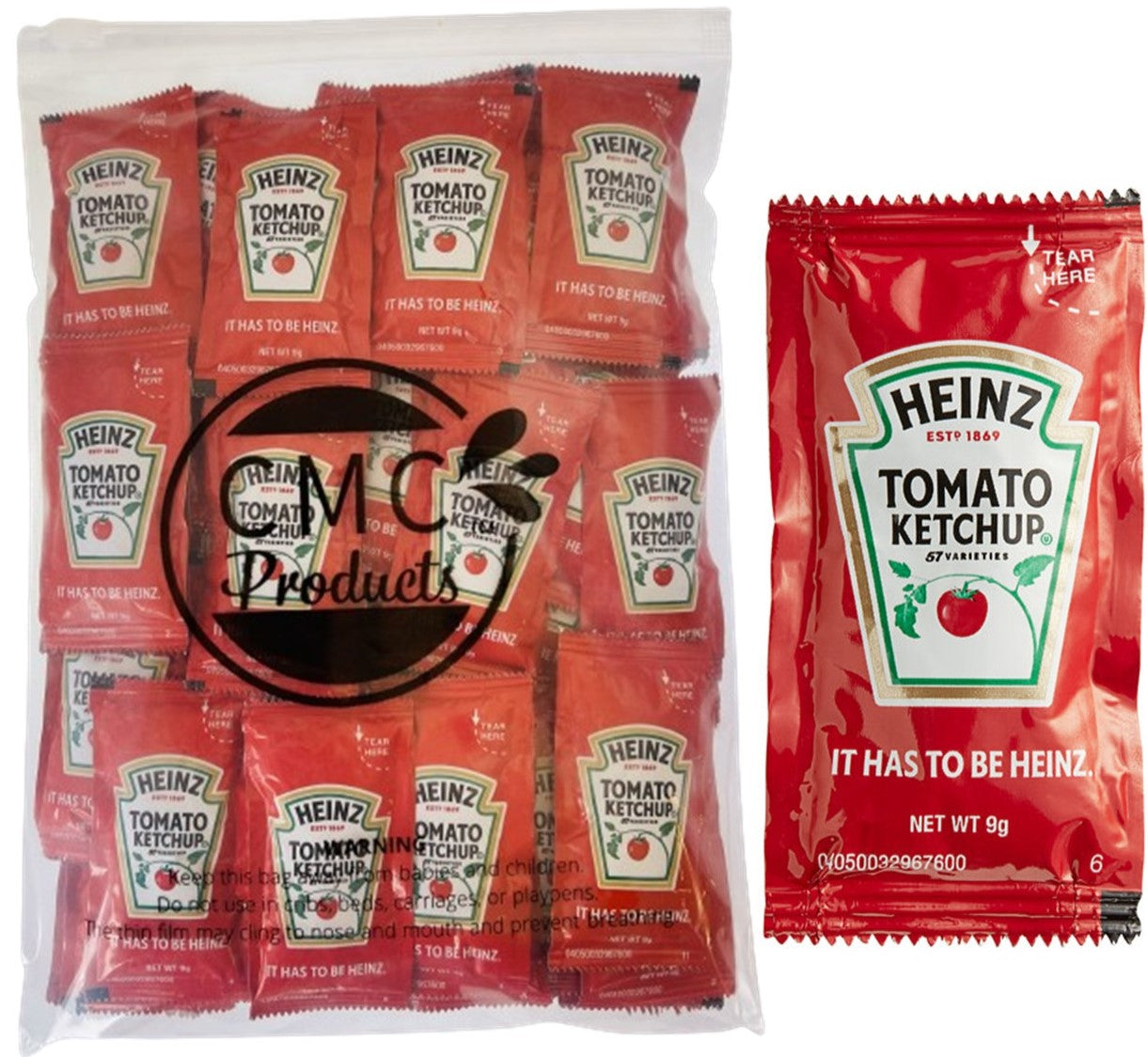 25, 50 & 100 Packs of Heinz 9g Ketchup Condiment Packets - Ketchup w/ Plastic Food Bag & Slide Seal