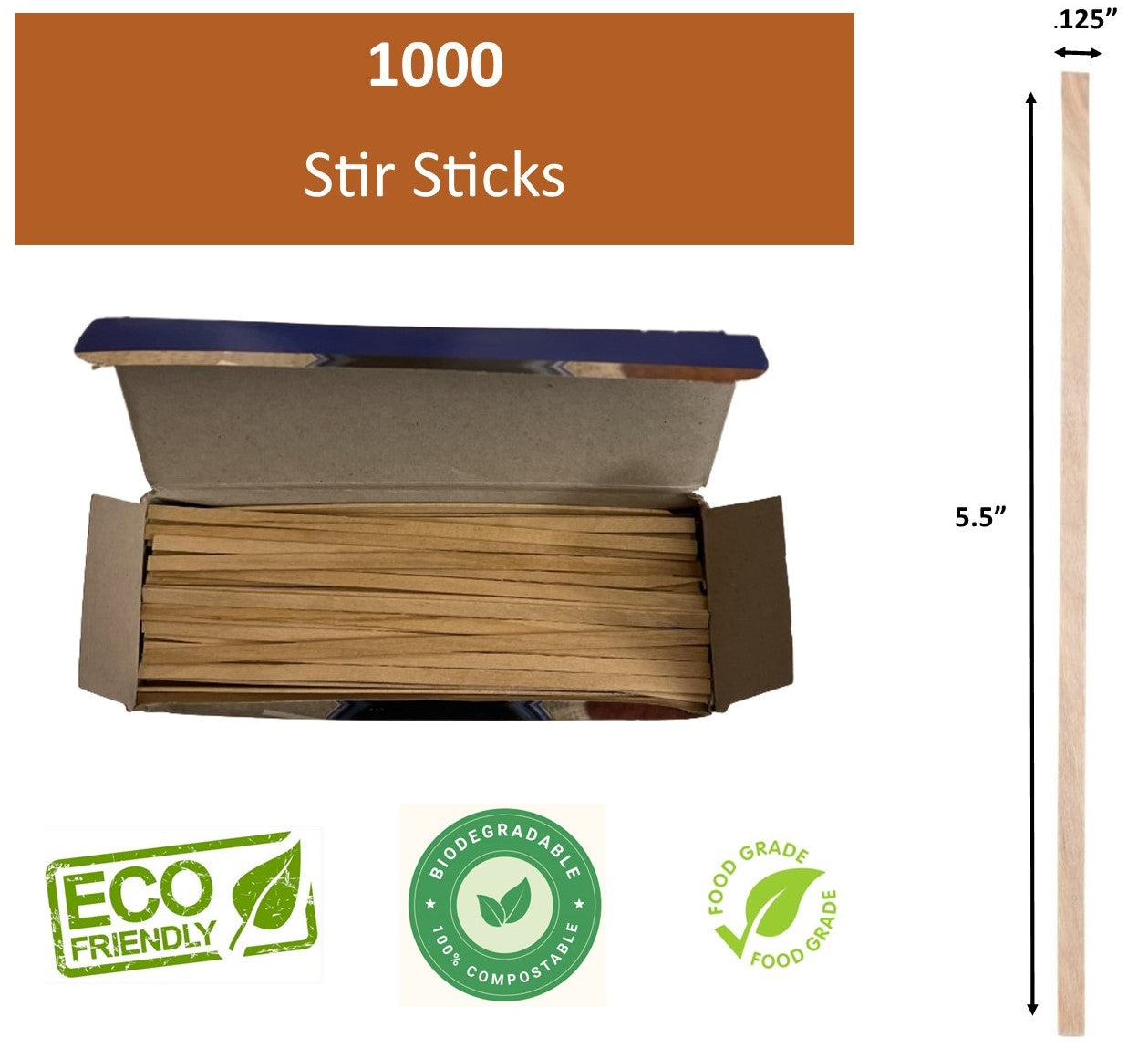 1,000 Count - 5.5-Inch Birch Wood Coffee Stirrers, Stir Sticks Smooth Splinter-Free Design, Made of Renewable, Eco-Friendly Wood