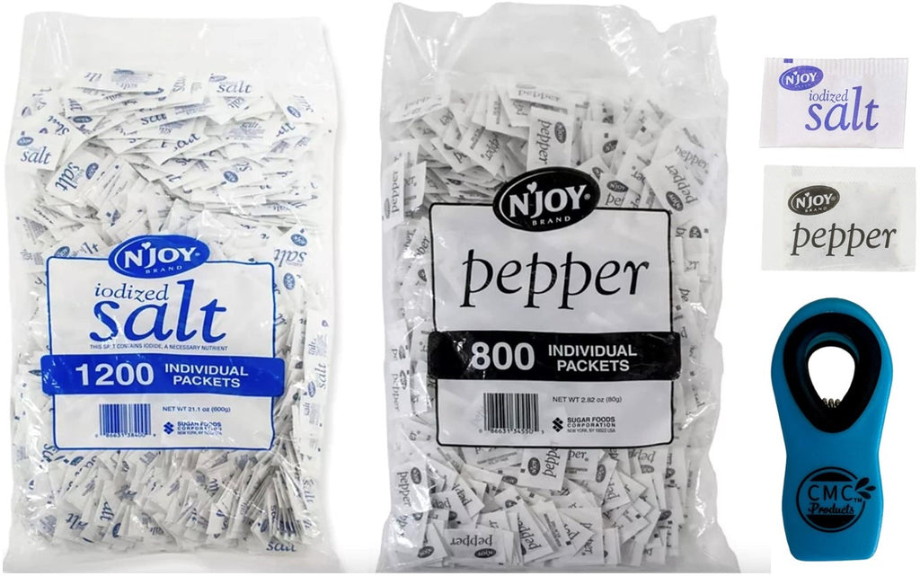 N'JOY Iodized Salt & Pepper- Salt 1,200 count & Pepper 800 Individual Packets with CMC Products Bag Clip