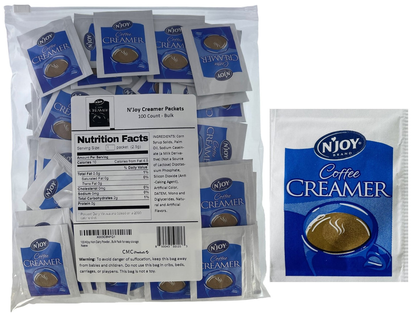 50, 100 & 250 Packs of N'Joy Non-Dairy Powdered Creamer Packets in Slide Seal Bag Plastic Food Bag Bulk Pack for easy storage