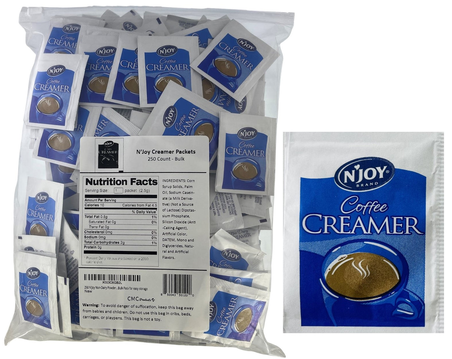 50, 100 & 250 Packs of N'Joy Non-Dairy Powdered Creamer Packets in Slide Seal Bag Plastic Food Bag Bulk Pack for easy storage